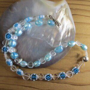 White Topaz Half and Half Necklace with Blue Freshwater Pearls and Millefiori